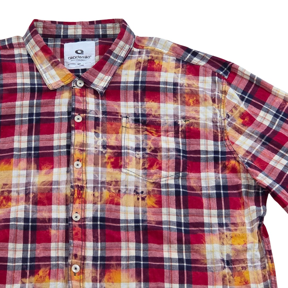 Akademiks Red Plaid Distressed Bleached Tie Dyed S/S Button Up Shirt‎ Mens 6XL